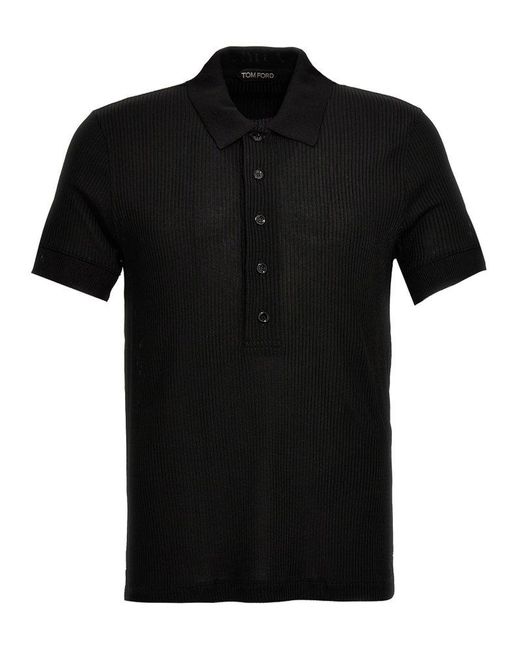 Tom Ford Black Logo-embroidered Fine Knit Polo Shirt for men