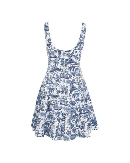 Staud Blue Allover Floral Print Mini Wells Dress