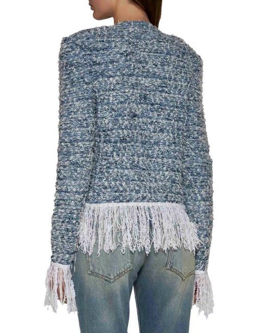 Balmain Blue Fringed Tweed Jacket Blazer And Suits