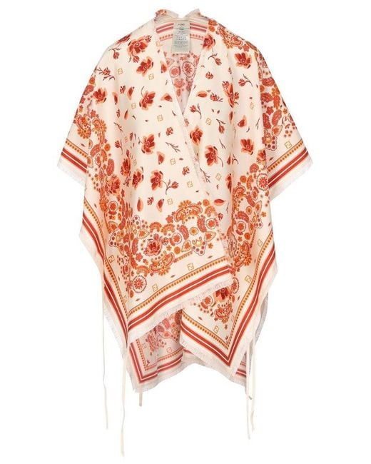 Fendi Orange Bandana Printed Fringed Edge Poncho