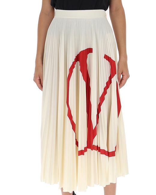 Valentino White V Logo Pleated Midi Skirt