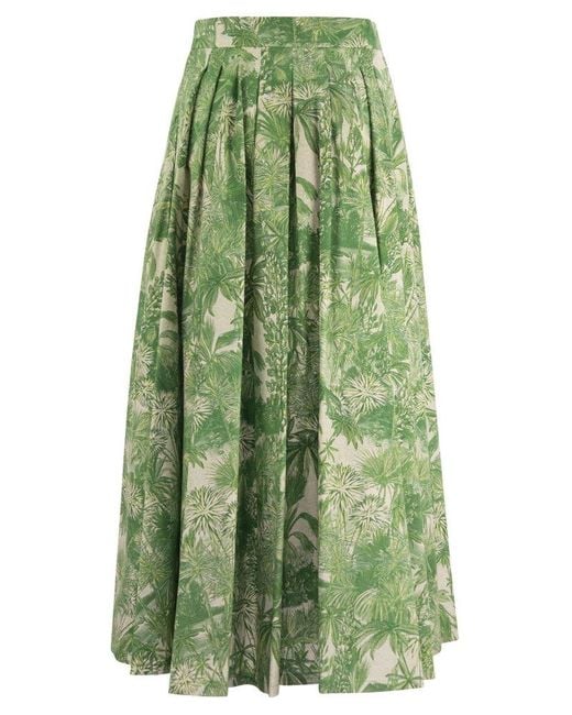 Max Mara Studio Green Floral Patterned Pleated Midi Skirt