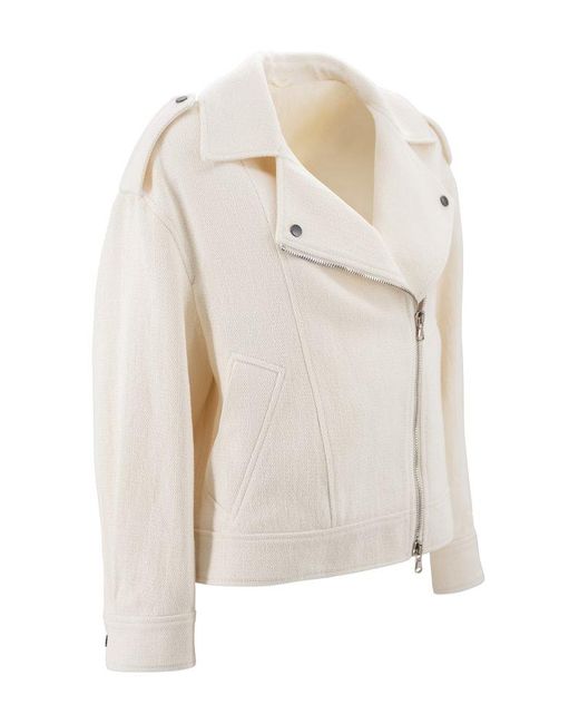 Brunello Cucinelli White Long-Sleeved Zipped Biker Jacket