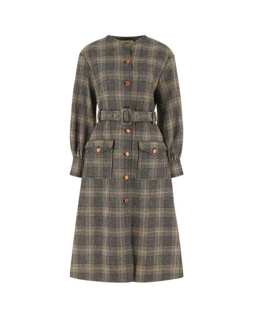 Gucci Gray Prince Of Wales Check Belted Mid-length Coat