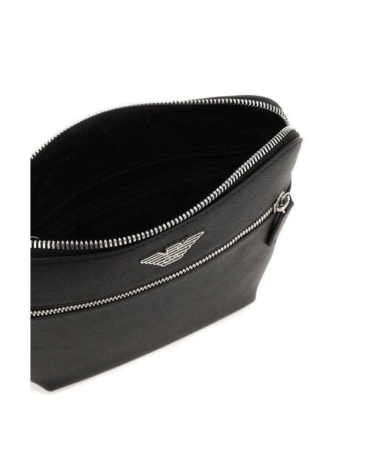 Emporio Armani Black Regenerated-leather Shoulder Bag With Eagle Pate for men