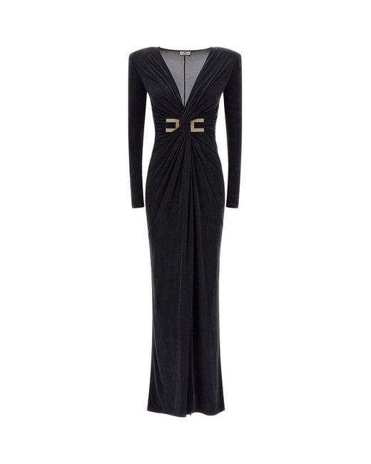 Elisabetta Franchi Black Logo Plaque Gathered-detail Draped Gown