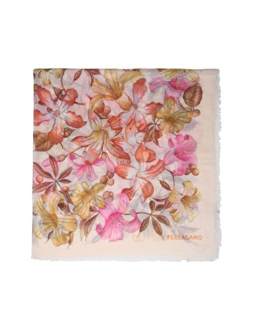 Ferragamo Pink Cashmere Shawl With Flower Pattern