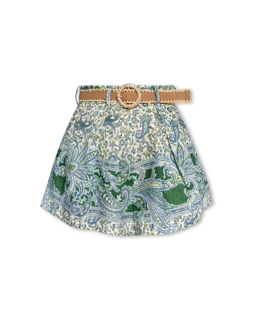 Zimmermann Green Floral Printed Belted Shorts