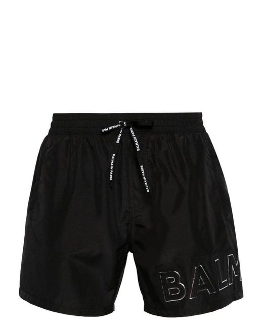 Balmain Black Logo Printed Drawstring Shorts for men