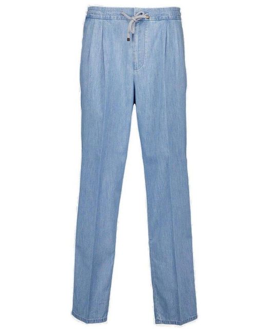 Brunello Cucinelli Blue Straight-Leg Drawstring Trousers