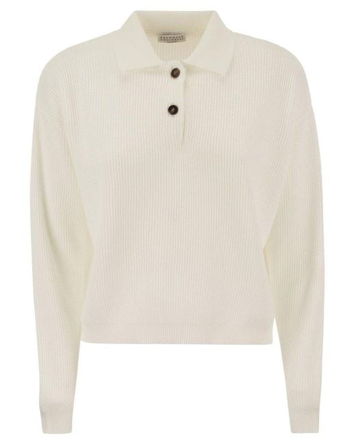 Brunello Cucinelli White Long Sleeved Ribbed-knit Polo Jumper
