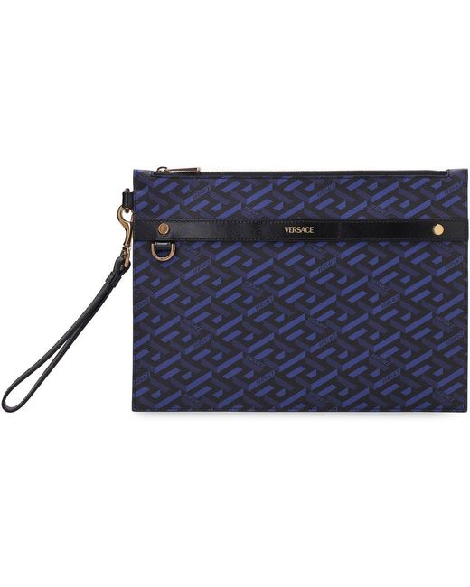 Versace Blue Logo Detailed Zipped Clutch Bag for men