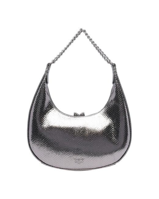 Pinko Gray Logo Plaque Zipped Shoulder Bag