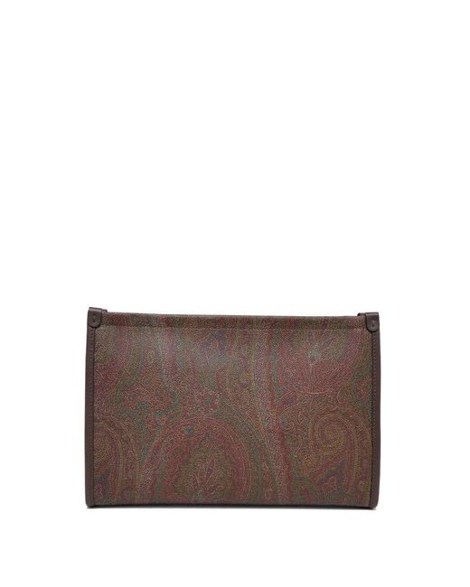 Etro Brown Allover Paisley Print Clutch Bag for men