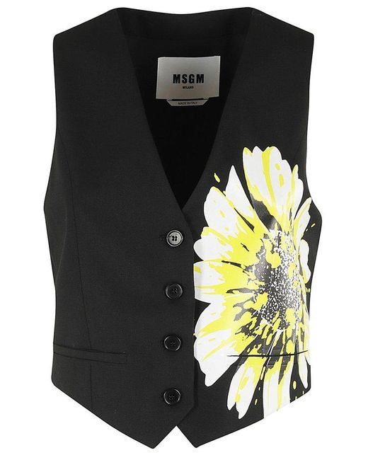 MSGM Black Floral-Printed V-Neck Waistcoat
