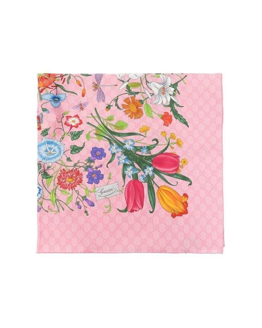 Gucci Pink Flora Print Silk Twill Scarf
