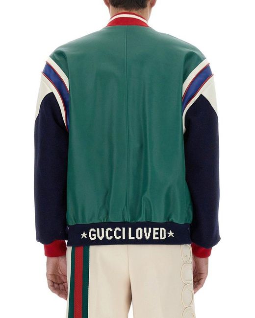Gucci Green Panelled Leather Bomber Jacket for men