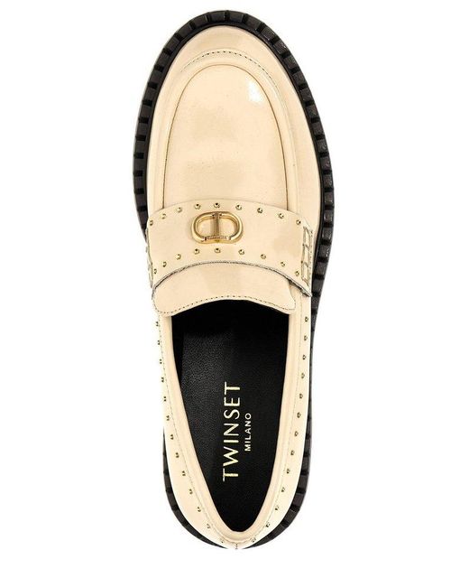 Twin Set Black Logo Plaque Studded Loafers