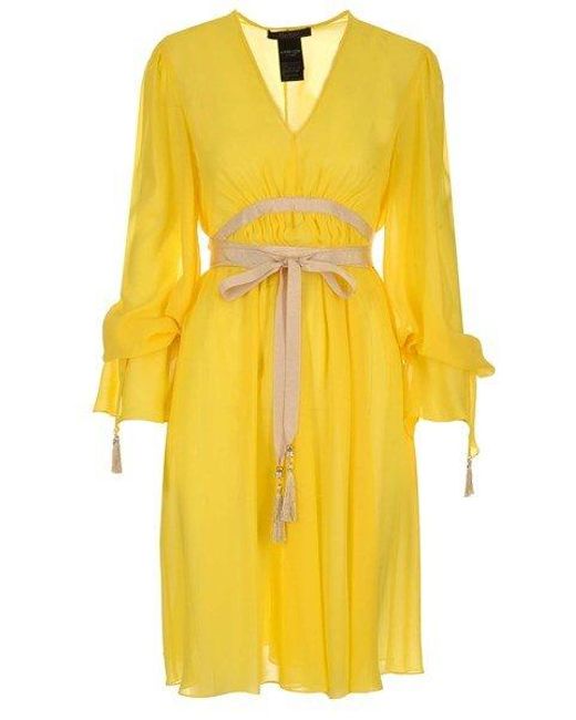 Max Mara Yellow V-neck Belted Long-sleeved Dress