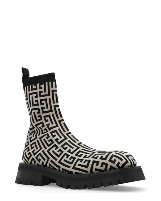 Balmain Black Monogram Patterned Block Heel Ankle Boots