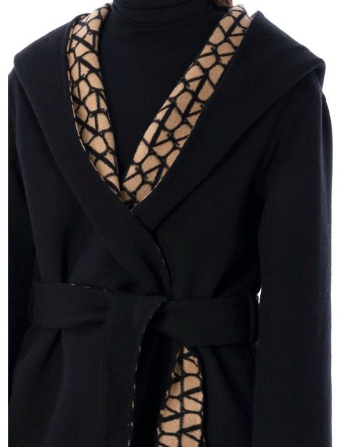 Valentino Black Toile Iconographe Belted Hooded Coat