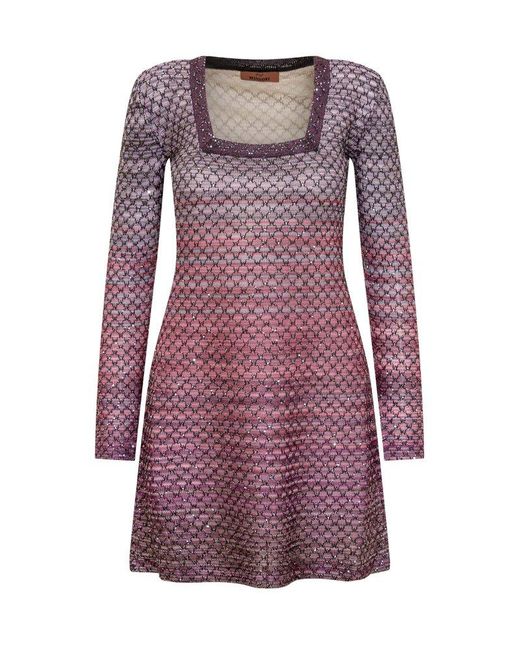 Missoni Purple Sequin Embellished Square-neck Dress