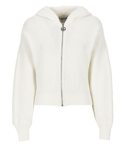 Moschino White Jeans Long-sleeved Zipped Knitted Hoodie