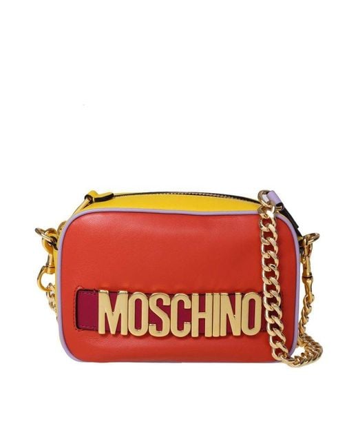 Moschino Orange Camera Bag In Leather With Lettering Logo