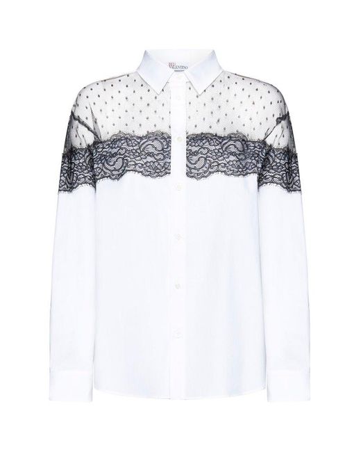 RED Valentino White Red Lace Detailed Long-sleeved Shirt