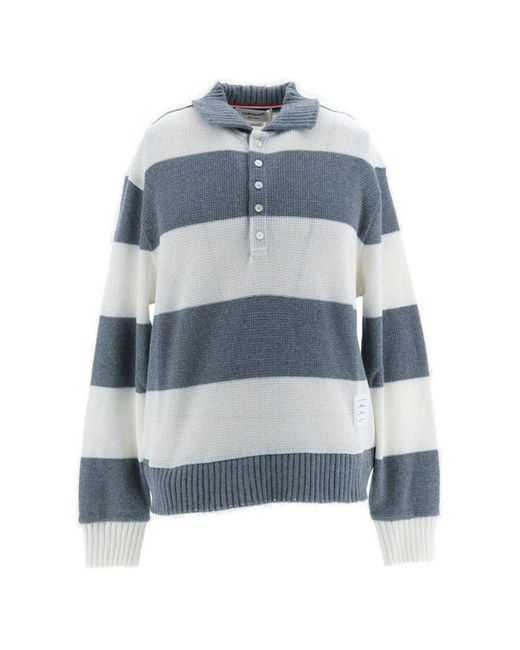 Thom Browne Blue Long Sleeved Striped Knitted Polo Shirt for men