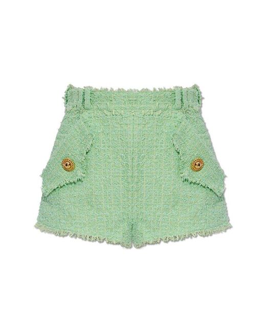 Balmain Green High-rise Tweed Shorts