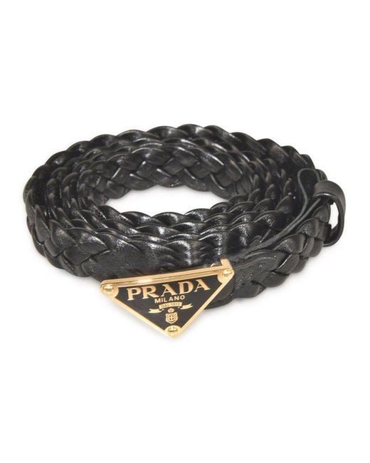 Prada Black Triangle Logo Plaque Woven Belt