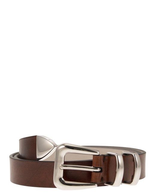 Brunello Cucinelli Brown Leather Belt With Double Loop And Toecap for men