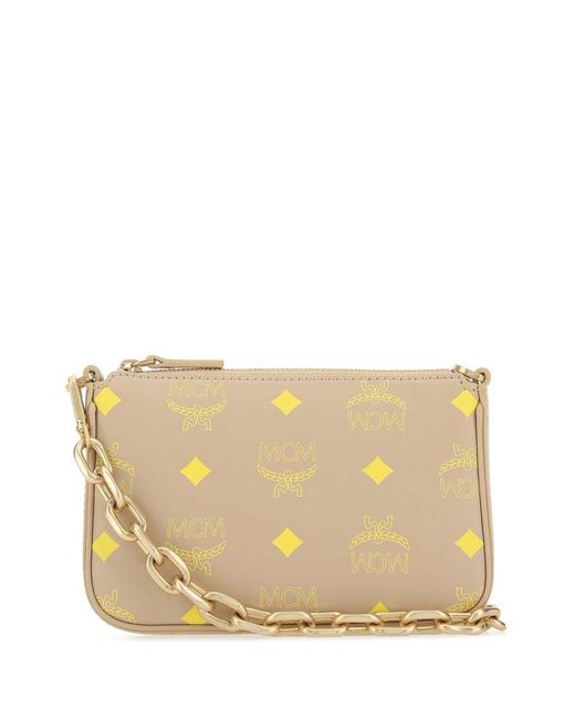 MCM Visetos Logo Printed Zipup Shoulder Bag in Natural Lyst