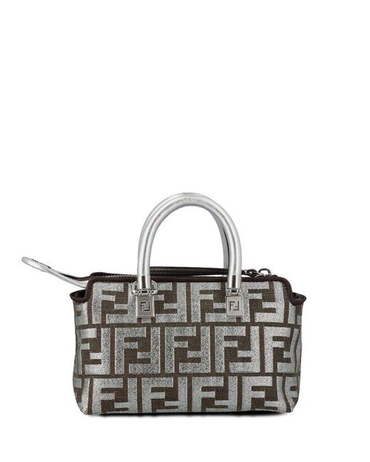 Fendi Metallic 'by The Way' Mini Silver And Brown Handbag With Jacquard Ff Motif In Canvas And Lurex