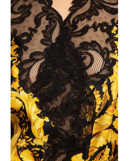 Versace Yellow Barocco-printed Lace-panelled Robe