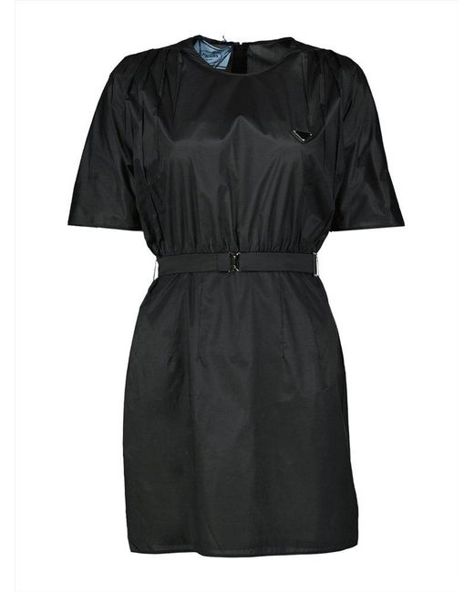 Prada Black Logo Plaque Belted Waist Dress