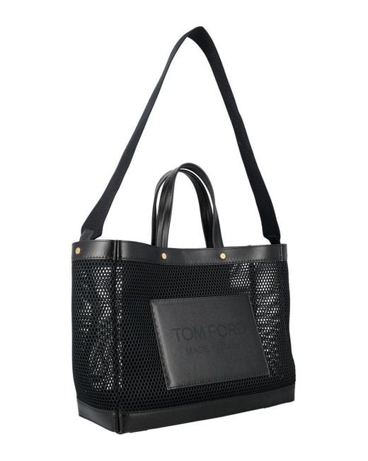 Tom Ford Black Mesh And Leather T Screw Small E/w Shopping Bag