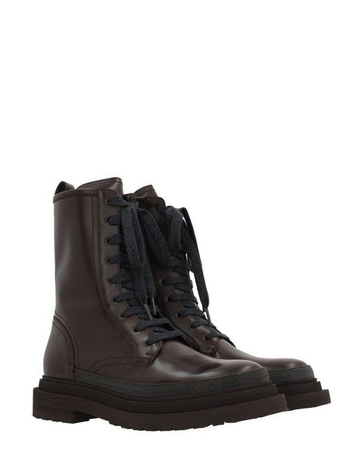 Brunello Cucinelli Black Monile Lace-Up Ankle Boots