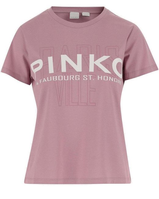 Pinko Pink Logo Printed Crewneck T-shirt