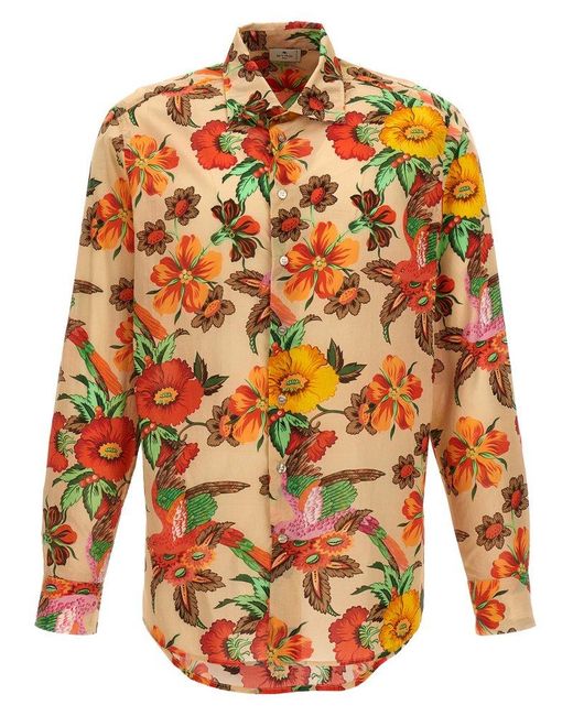 Etro Orange Allover Floral Print Long-sleeved Shirt for men