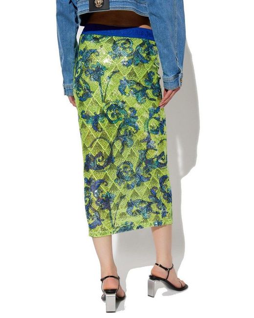 Versace Jeans Couture Green Barocco Pattern Sequin Embellished Midi Skirt