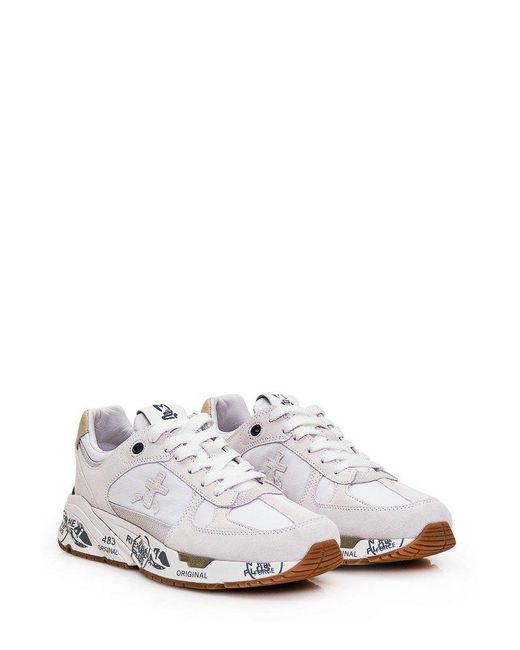 Premiata White Mased Lace-Up Sneakers