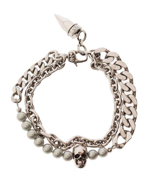 Alexander McQueen Metallic Antique Pearl And Skull Stud Bracelet for men