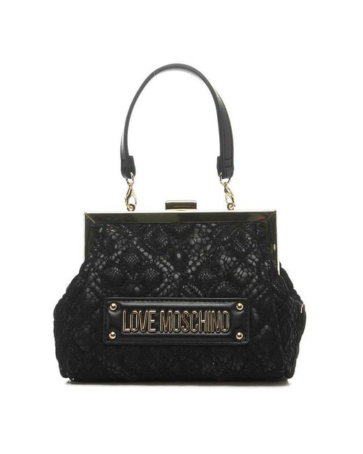 Love Moschino Black Lace Detailed Logo Lettering Tote Bag