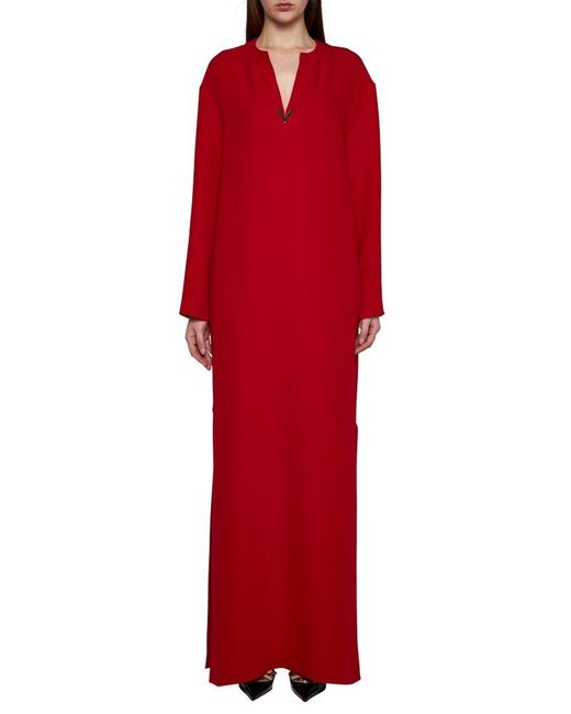Valentino Red V-neck Logo Plaque Long-sleeved Dress