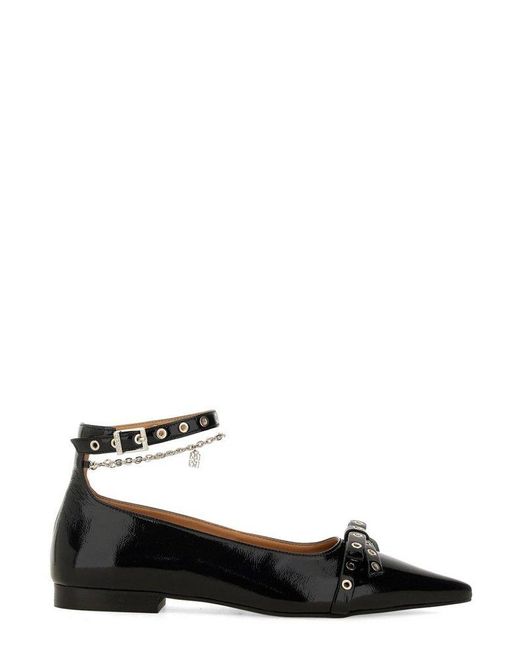 Ganni Black Bow-Detailed Ankle Strap Ballet Flats