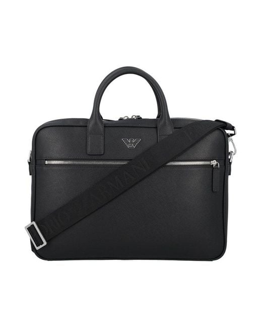 Emporio Armani Black Regenerated-leather Business Bag With Eagle Pate for men