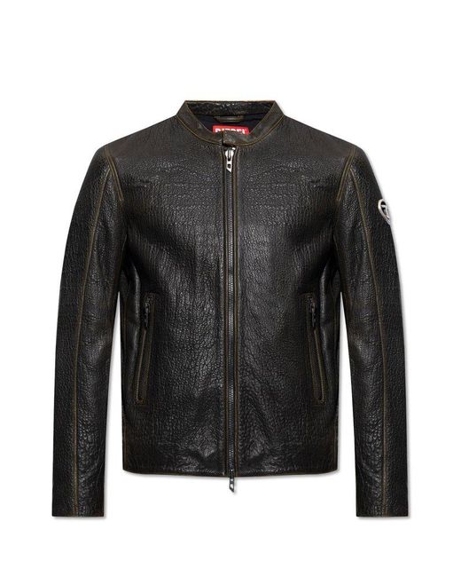DIESEL Black Biker Jacket In Wrinkled Leather for men