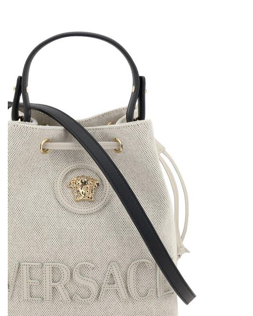 Versace Gray Medusa-Plaque Drawstring Bucket Bag